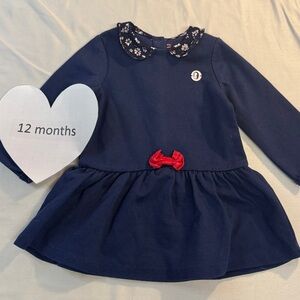 Sergent Major - Navy Blue Baby Dress with Floral Collar and Red Bow